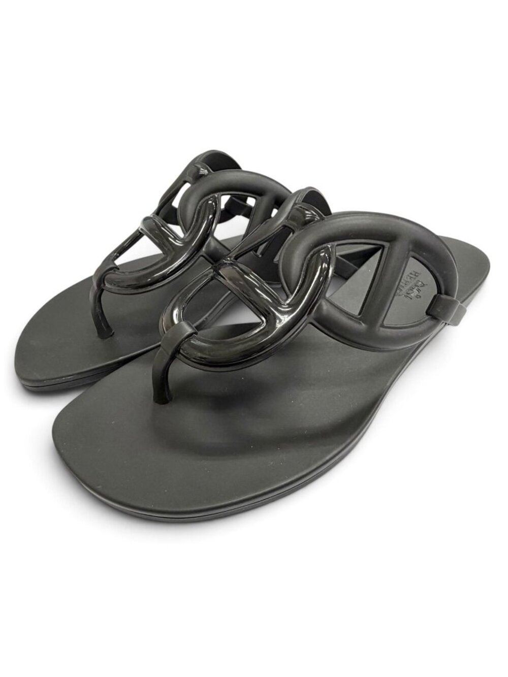 Hermes Chaine D'ancre Motif Rubber Flat Sandals Black